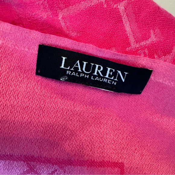 Lauren Ralph Lauren Black Label Geometric Logo Patterned Pink Fringe Scarf Shawl - Picture 3 of 4